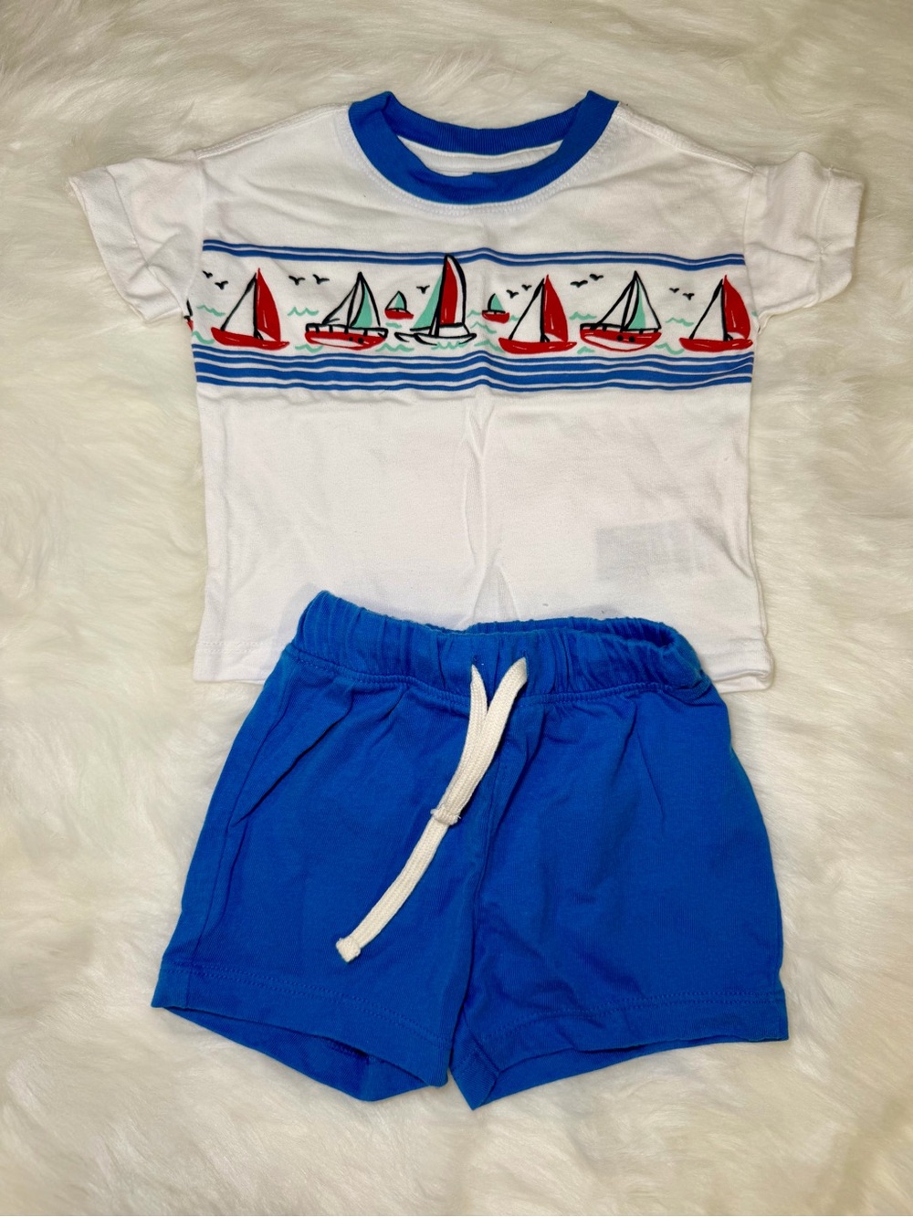 Old Navy White Tee with Red & Blue Sailboat Graphic and Royal Blue Shorts